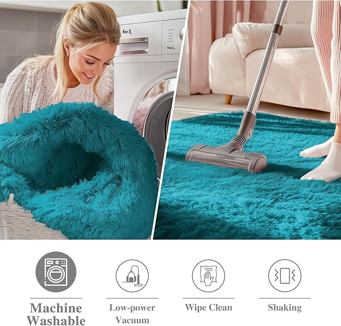 OLANLY Teal Round Rugs for Bedroom - Machine Washable, 2 ft Circle Area Rugs for Living Room, Soft and Fluffy Shaggy Carpet for Teen Girl and Boys, Nursery Rooms, Dorms, Home Decor Aesthetic