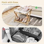 Full Assembled 26.77"L Luggage Rack for Guest Room, Set of 1 Foldable Suitcase Stand with 5 Nylon Straps, Luggage Holder with Shoe Shelf for Suitcases, Hotel (Natural Wood Bamboo Luggage Stands)