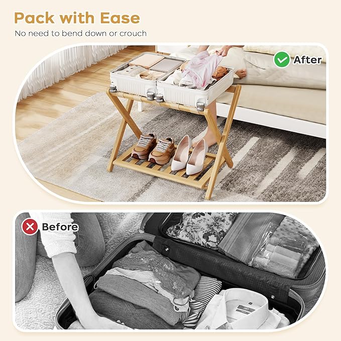 Full Assembled 26.77"L Luggage Rack for Guest Room, Set of 1 Foldable Suitcase Stand with 5 Nylon Straps, Luggage Holder with Shoe Shelf for Suitcases, Hotel (Natural Wood Bamboo Luggage Stands)