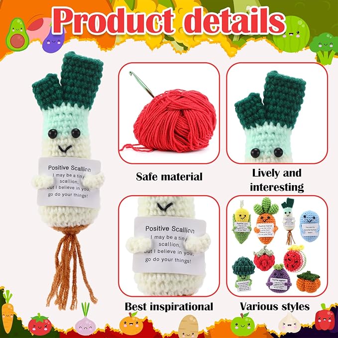 VioraWhite 18 Pcs Fruits Vegetables Positive Emotional Dolls Bulk Encouragement Emotional Knitted Crochet Gifts with Positive Words for Friends Coworker Decorations for Home Office
