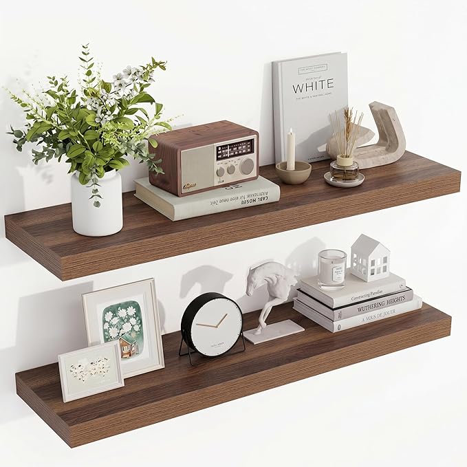 Acovy 36 Inch Floating Shelves, 36"x9.25"x1.5" Inch Deep Floating Shelves for Wall, Wooden Shelves for Bathroom, Bedroom, Living Room, Walnut, 2 Pieces