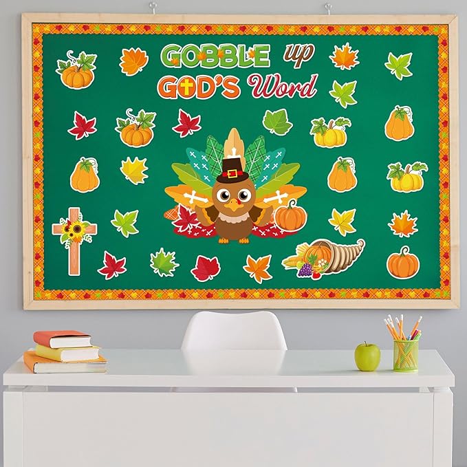 Thanksgiving Turkey Bulletin Board Decorations Set Thanksgiving Classroom Decorations Gobble Up God’s Word Fall Pumpkin Maple Leaf Cutouts for Autumn Harvest Christian Religious School Wall Decor