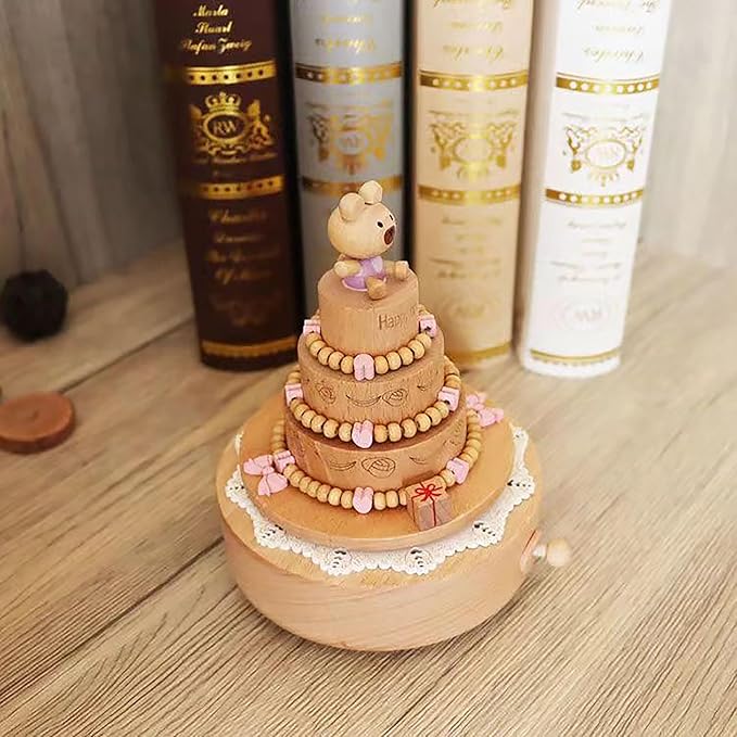 Natural Solid Wood Handcrafted Beech Wooden, Musical FigureTotoro/Carousel/Fairy/Ballerina Figurine,Rotating Hand Crank Mechanism Music Box,Musical Decorations (Cute Little Bear's Birthday Cake)