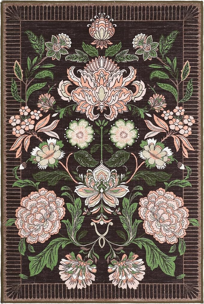 GarveeHome Plum Pink Floral 2x3 Door Mat Indoor Rugs for Entryway Small Black Purple Vintage Boho Cottage Throw Washable Non-Slip Low-Pile Rug for Bedroom Kitchen Bathroom Entrance