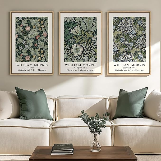 Framed William Morris Canvas Wall Art Set of 3, Green Vintage Floral Prints, Boho Farmhouse Botanical Decor for Living Room Bedroom Hallway Office, 16x24 Inch