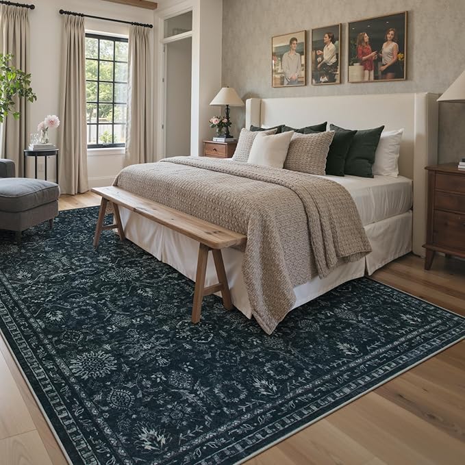 Lahome Black Area Rug for Living Room 8x10,Boho Washable Thin Carpets for Office Decor,Vintage Rubber Backed Non Slip Rug for Bedroom Dorm Apartment Hardwood Floors