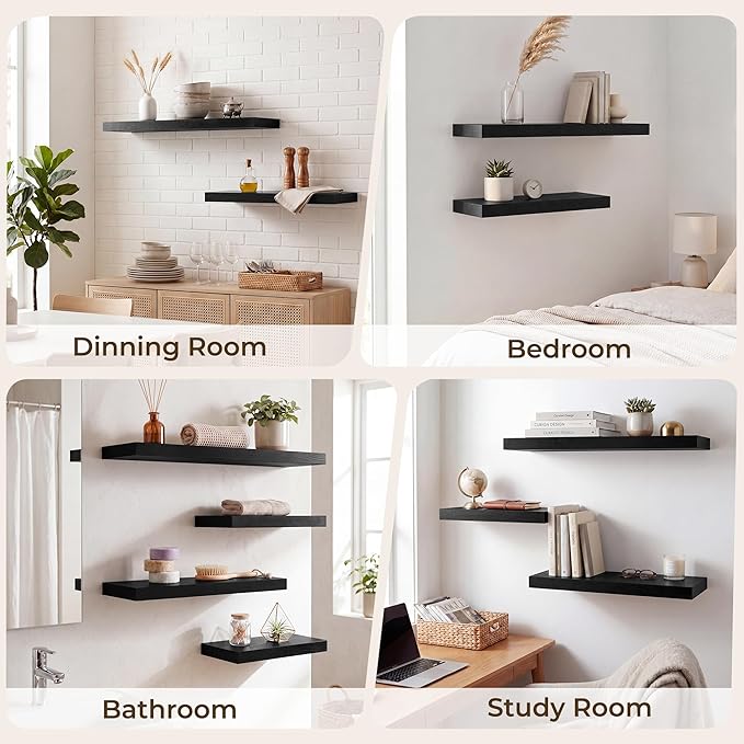 RICHFOCUS 28Inch Floating Shelves for Wall 2 Pack Shelves for Bedroom|Kitchen|Bathroom|Laundry Room Rustic Wood Wall Mounted Shelf with Invisible Brackets for Books|Storage|Decor, Black