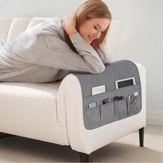 Faux Linen Armchair Caddy for Couch Remote Control Holder Non-slip Sofa Armset Organizer Caddy Storage for Recliner Couch 6 Pocket for Magazine 35"x19.5" Grey Linen 1 Piece