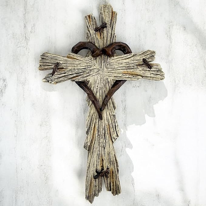 Rustic Wood-Look Resin Wall Cross with Barbed Wire & Nail Heart Accents – 11 ½” Christian Farmhouse Wall Décor, Inspirational Religious Gift (Whitewash)