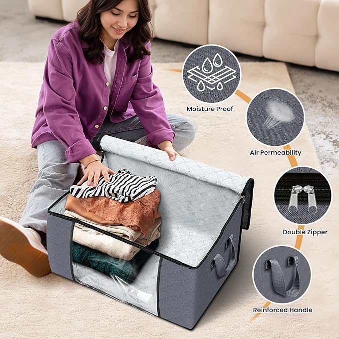 Fab totes Storage Bags,Clothes Blanket Storage Bins Foldable Closet Organizers with Reinforced Handle for Home Dorm Storage and Organization,Fabric Bags for Organizing Sheets,Clothing (Grey,8 Pack)