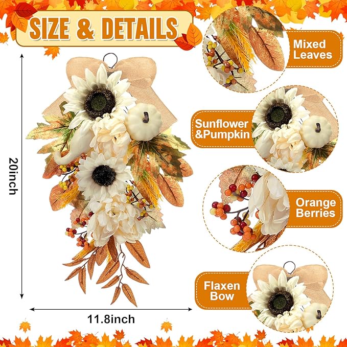 Thiccywoov 2-Pack Fall Teardrop Swags 20‘' Harvest Teardrop Decoration with Mixed Pumpkins, Sunflowers, Berries & Rustic Burlap Bows, Autumn Wreath for Front Door Home Decor(Fall)