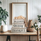 4 Pcs Farmhouse Wooden Tabletop Decor Neutral Farmhouse Tiered Tray Decor Rustic Retro Wood Bead Garland Blessed Grateful Thankful Block Sign Centerpiece for Coffee Home Office Shelf Mantle Table