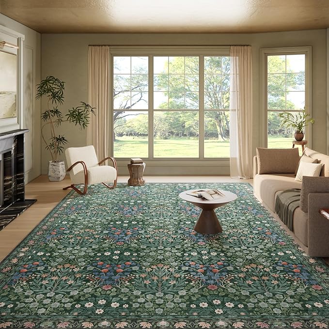 Washable Dark Green Rug for Living Room, 9x12 Large Area Rug for Dining Room, Bedroom, Soft, Low Pile, Non-Slip & Stain Resistant - Vintage Floral Design Carpet