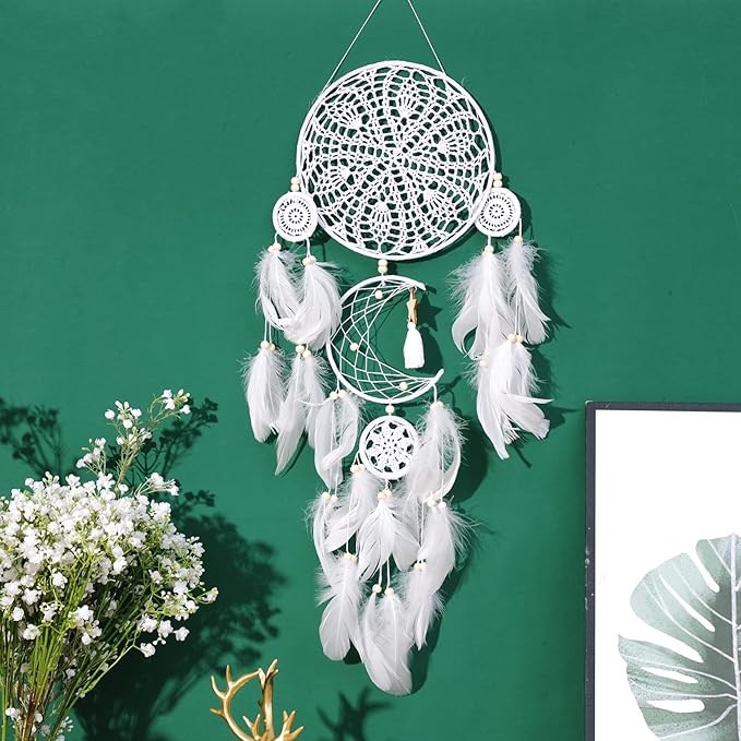 Dream Catchers Boho Wall Decor - Handmade Moon and Sun Feather Dreamcatcher Set, Traditional Native American Wall Hanging for Kids Bedroom, Adult Living Room, Home Bohemian Decor (White, 5 pcs)