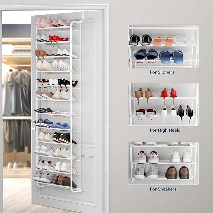Whitmor 36 Pair Over The Door Shoe Organizer, 12 Tier Hanging Shoe Organizer, Heavy Duty Metal & Mesh Shoe Holder, Hanging Shoe Rack for Closet Organizer & Storage, 69"L x 21.7"W x 7.5"H, Matt White