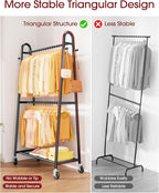 Heavy Duty Clothes Rack, Metal Clothing Rack with Double Hanging Rods, 4 Hooks & Mesh Shelf, Freestanding Garment Rack with Triangular Design for Bedroom Closet, 36.5" x 16.9" x 72.8", Black