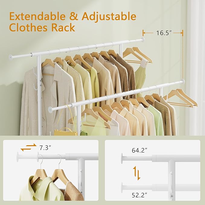 Double Rod Garment Rack, Heavy Duty Rolling Clothes Rack with Wheels For Hanging Clothes, Portable Metal Clothing Rack with Shelves,White, 64.2in Chrome