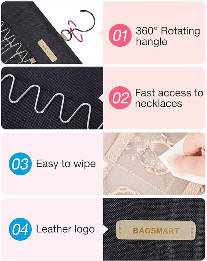 BAGSMART Hanging Jewelry Organizer Storage Roll with Hanger Metal Hooks Double-Sided Jewelry Holder for Earrings, Necklaces, Rings on Closet, Wall, Door, 1 piece, Large, Black