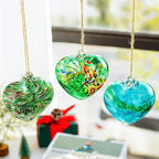 Set of 3 Green Blown Glass Heart Ornaments 4 Inch Hanging Decor for Outdoor Unique Home Garden Patio Decoration for Mom Wife