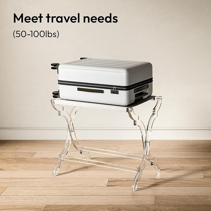 Byingo Acrylic Luggage Rack, Fancy Foldable Suitcase Stand with PET Fabric Shelf for Guest Room, Bedroom, Hotel, Holds Up to 50-100 lb, Modern, Portable, Easy to Use, Heavy-Duty
