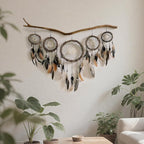 5 Pack Boho Dream Catcher Native American Wall Art Set, Handmade Natural Rattan Feathers Large Dreamcatcher Rustic Hanging Ornament Indian Wall Decor for Bedroom Adult