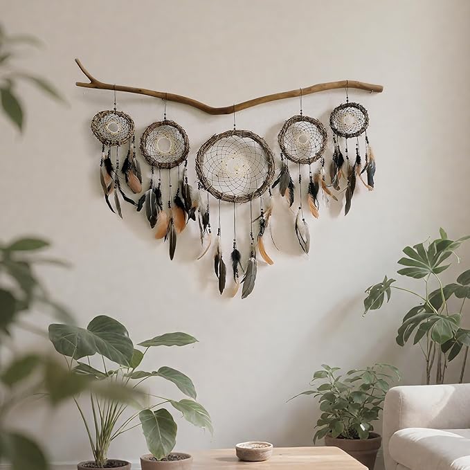 5 Pack Boho Dream Catcher Native American Wall Art Set, Handmade Natural Rattan Feathers Large Dreamcatcher Rustic Hanging Ornament Indian Wall Decor for Bedroom Adult