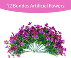 Artificial Faux Plants Flowers Outdoor Spring Summer Decoration, 12 Bundles Fake Silk Colorful Daisy Eucalyptus Realistic UV Resistant for Outside Home Planter Porch Yard Decor (Purple Red Lotus)