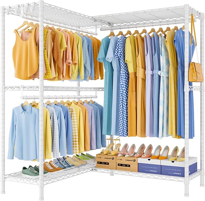 E15 Pro Garment Rack L Shaped Clothes Rack for Corner，Freestanding Clothing Racks for Hanging Clothes，Heavy Duty Closet System with 4 Hanging Rods & 8 S Hooks，48.8"W x 15.8"D x 78.4"H，White