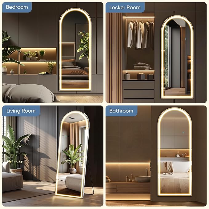 DUMOS Arched Full Length Mirror with Light, 26"x70" LED Floor Standing Mirror with 3 Color Lights & Wall Mounted for Bedroom, Dressing Room, Living Room, Bathroom