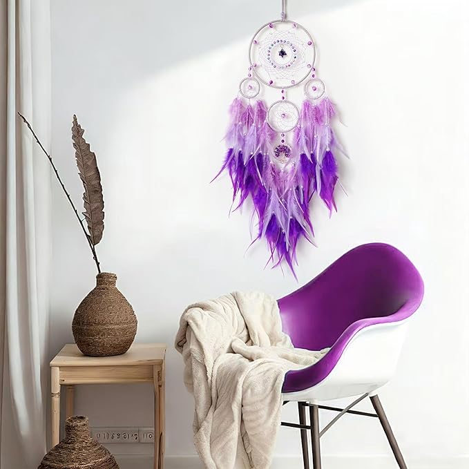 Dream Catchers,Large Dream Catcher Tree of Life Wall Decor,Adult Purple Boho Dream Catcher Wall Decor with Gemstone Hanging Ornament Girls Dorm Room Decor Festival Gift