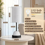 SIBRILLE Table Lamp for Bedroom, Dual Light Nightstand Lamp with Fabric Shade & Ceramic Carved Night Light Base, Individual Controls Bedside Lamp for Living Room, 8W LED Bulb Included