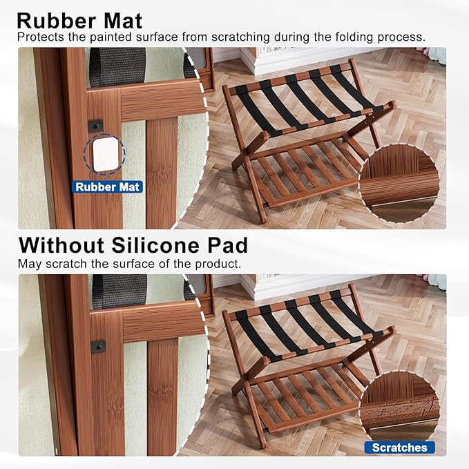 Smuxee Fully Assembled Walnut Luggage Rack, Upgraded Bamboo Foldable Suitcase Stand with 5 Nylon Straps, Luggage Holder with Shelf for Guest Room Bedroom Hotel