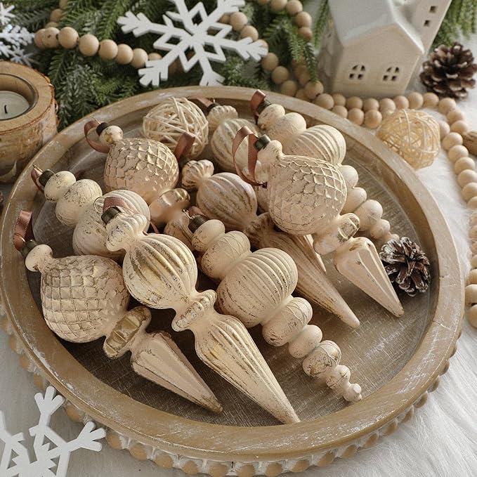 Yunlly 9 Pcs Neutral Christmas Ornaments Textured Christmas Tree Decor with Hanging Loop Modern Brown Hanging Ornaments Finial Shatterproof Decor for Xmas Vintage Rustic Farmhouse (Retro White)