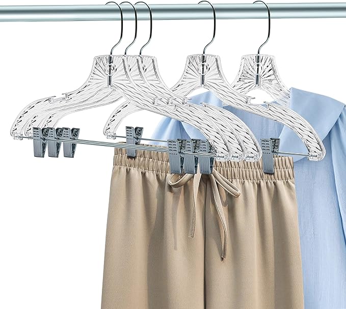 Quality Clear Plastic Skirt Hangers - 24 Pack Crystal Cut Pants Dress Durable Plastic Hanger Set with Adjustable Clips - Heavy Duty Hangers