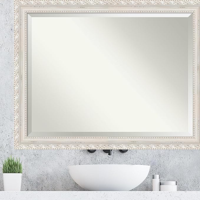 Amanti Art White Wall Mirror 36x46 Opera Off White Rectangle Bathroom Mirror for Wall Decor Living Room, X-Large Traditional Wood Frame, Hangs Horizonally and Vertically, Bathroom Decor, Beveled Edge