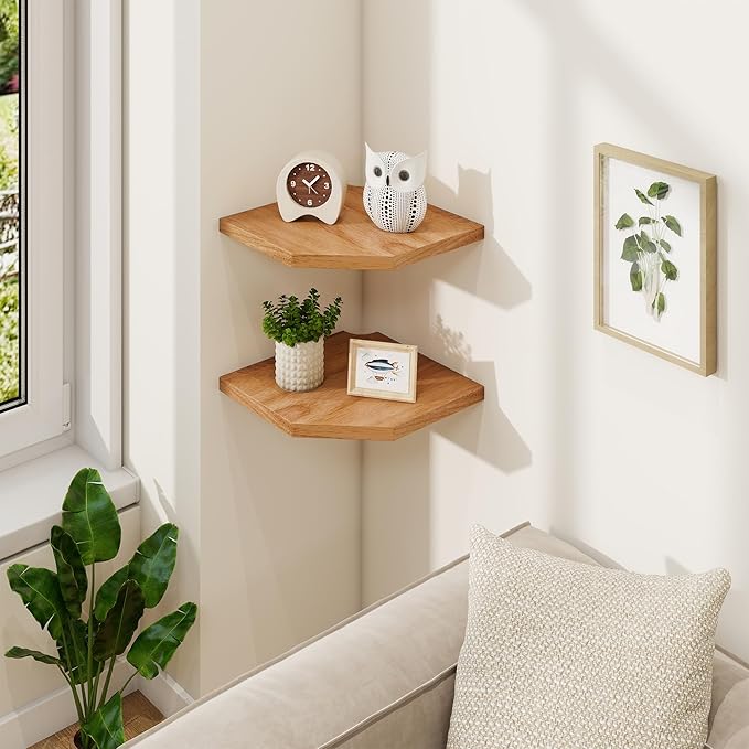 Fun Memories Corner Shelf Wall Mount, Solid Oak Wood Floating Corner Shelves with Cable Hole, 10in Rustic Design for Bedroom, Bathroom, Kitchen, Living Room (Natural, 1 Pack)