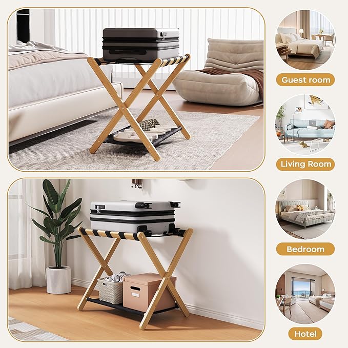 26.77" Full Assembled Luggage Rack for Guest Room, Set of 1 Bamboo Foldable Suitcase Stand, Bedroom & Hotel, Folding Luggage Holder with 5 Nylon Straps, 600D Oxford Fabric Shelf Natural Wood