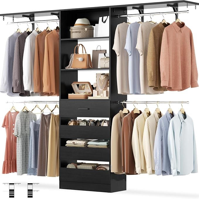 Aheaplus Closet System with 4 Drawers, 8FT Wood Closet Organizer System, 96’’ Walk-in Closet Wardrobe with Tower, 4 Hang Rods, 2 Top Shelves, Built In Closet Insert System, Fits Spaces 4-9 ft, Black