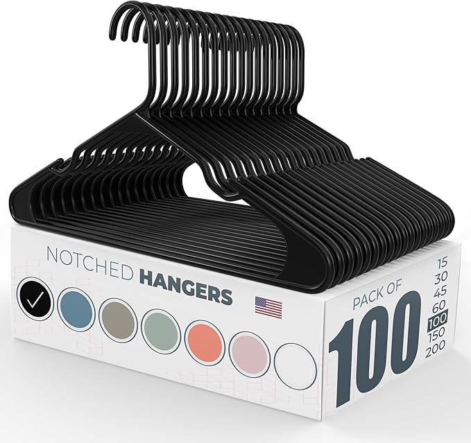 Neaties Plastic Hangers 100 Pack – Made in The USA – 6lb Capacity Standard Clothes Hangers with Notches and Reinforced Edges for Dresses, Lingerie, Shirts, Pants, and Jackets – Black