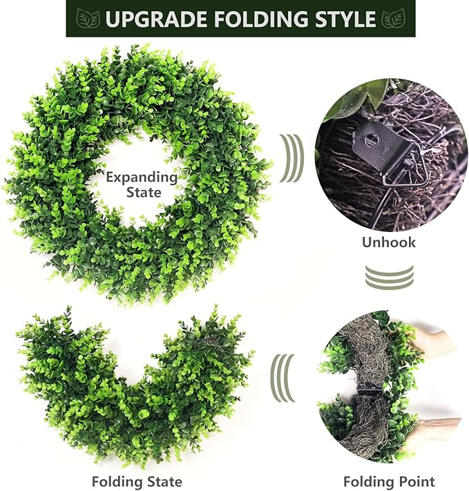 24-26'' Large Boxwood Wreath for Front Door, Porch, Window - Foldable Greenery Boxwood Wreaths for Farmhouse Wedding Indoor Outdoor Decor - Spring, Summer, Fall, All Seasons (with Sash)