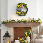 Valery Madelyn 24‘’ Collapsible Pre-lit Spring Summer Lemon Wreath for Front Door, Lighted Yellow Sunflower Wreaths with Hello Sign & Ribbon, Farmhouse Home Porch Wall Kitchen Amalfi Coast Decor