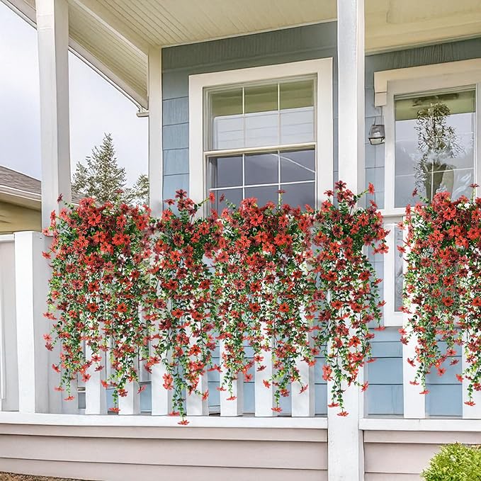 Artificial Hanging Flowers Plants for Outdoor Spring Decoration,2 PCS Faux Silk Daisy with Eucalyptus Leaves,UV Resistant Look Real for Outside Home Indoor Planter Porch Patio Balcony Yard Decor