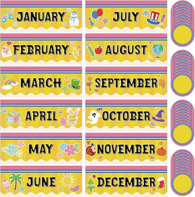 Zonon 48 Pcs Months of the Year Bulletin Board Set 12 Monthly Headliners Holiday Seasonal Monthly Bulletin Board Borders with 36 Round Blank Confetti Cutouts for Classroom(Pencil Style)