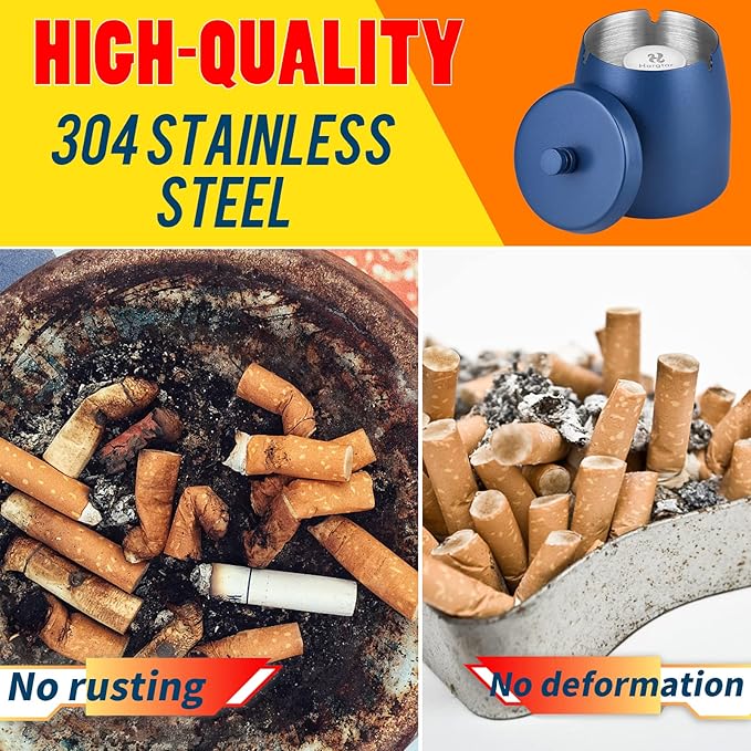 Smokeless Ashtrays for Cigarettes Indoor Outdoor Ash Tray Sets for Cigarettes Outdoor Windproof Cute Home Outside Metal Ashtrays with Lid for Patio, Blue, Medium