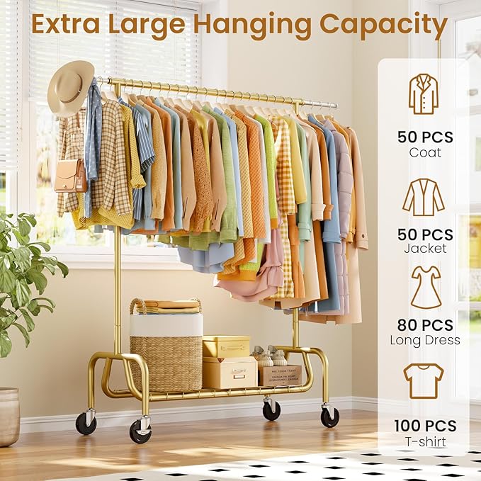Heavy-duty Clothing Rack with Wheels, Rolling Clothes Rack, Clothes Racks for Hanging Clothes, Metal Standing Garment Racks, Gold