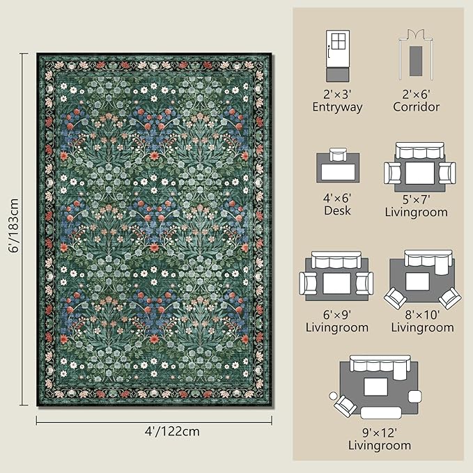 Dark Green 4x6 Washable Area Rug, Ultra Soft Non-Slip Stain Resistant, Floral Distressed Design for Living Room, Bedroom, Large Entryway & Kitchen