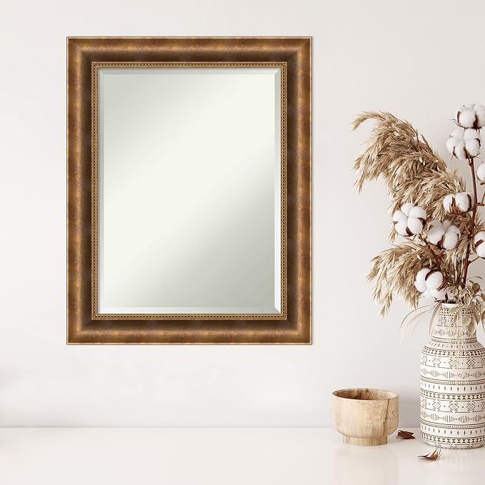 Amanti Art Bronze Wall Mirror 29x23 Manhattan Bronze Rectangle Bathroom Mirror for Wall Decor Living Room, Medium Traditional Wood Frame, Hangs Horizonally and Vertically, Bathroom Decor, Beveled Edge