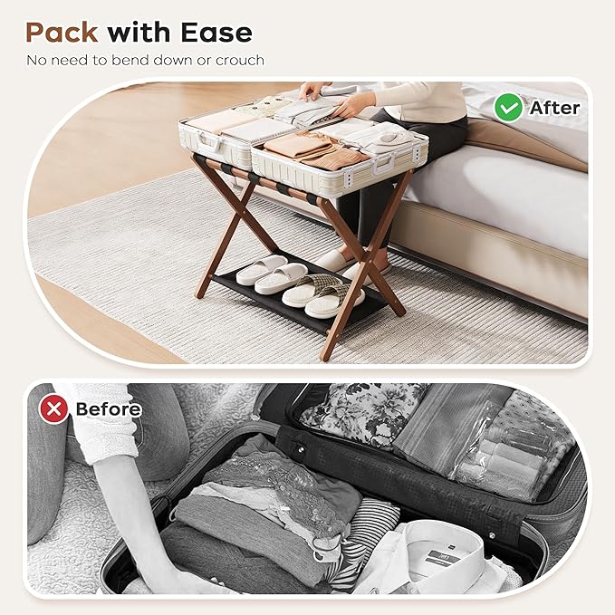 26.77" Full Assembled Luggage Rack for Guest Room, Set of 1 Bamboo Foldable Suitcase Stand, Bedroom & Hotel, Folding Luggage Holder with 5 Nylon Straps, 600D Oxford Fabric Shelf Walnut