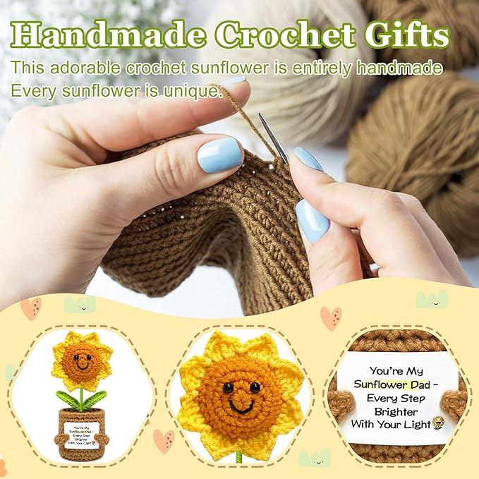 Funny Fathers Day Dad Gifts from Daughter Son - Handmade Positive Crochet Sunflower Gift for Dad Cool Daddy Presents, Small Cute Stuff Things, Positive Emotional Support Gifts Idea for Father
