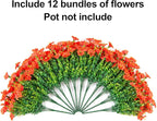 Artificial Flowers Fake Plants for Outdoors Decoration, 12 Bundles Orange Silk Morning Glory with Eucalyptus Realistic UV Resistant Faux Flowers Greenery for Outside Planter Yard Garden Home Indoor